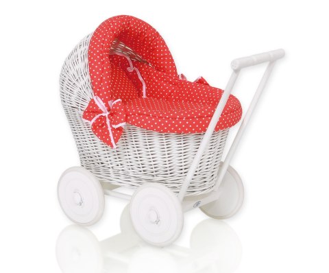 Wiklinowy wózek dla lalek pchacz biały z czerwoną pościelką i miękką wyściółką STELLA