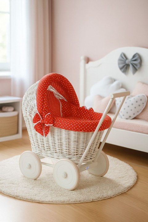 Wiklinowy wózek dla lalek pchacz biały z czerwoną pościelką i miękką wyściółką STELLA