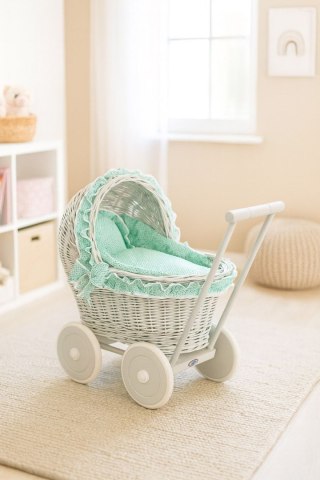 Wiklinowy wózek dla lalek pchacz biały z miętową pościelką i miękką wyściółką CHIARA