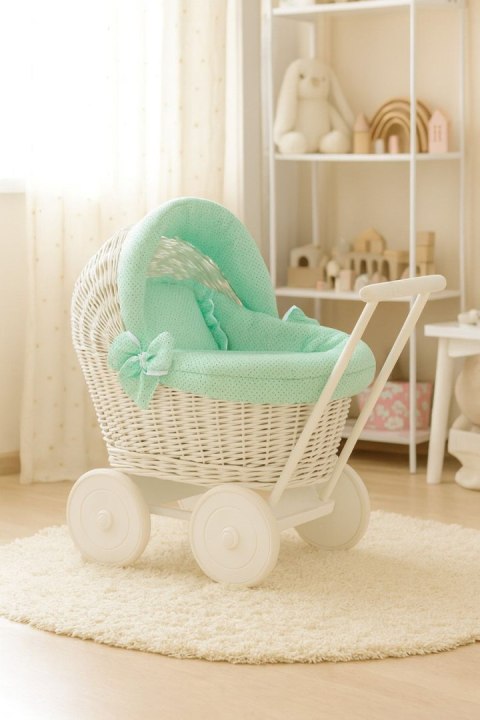 Wiklinowy wózek dla lalek pchacz biały z miętową pościelką i miękką wyściółką STELLA