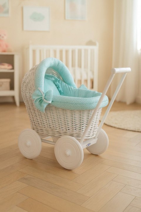 Wiklinowy wózek dla lalek pchacz biały z miętową pościelką i miękką wyściółką STELLA