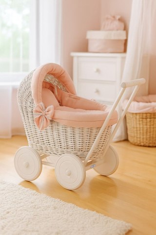Wiklinowy wózek dla lalek pchacz biały z pościelką i miękką wyściółką brudny róż STELLA