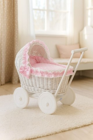 Wiklinowy wózek dla lalek pchacz biały z różową pościelką i miękką wyściółką CHIARA