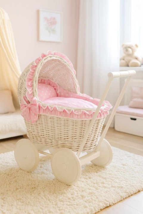 Wiklinowy wózek dla lalek pchacz biały z różową pościelką i miękką wyściółką CHIARA