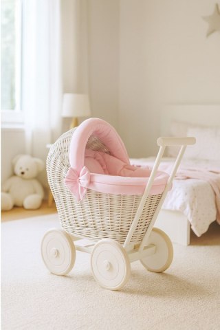 Wiklinowy wózek dla lalek pchacz biały z różową pościelką i miękką wyściółką STELLA