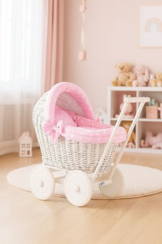Wiklinowy wózek dla lalek pchacz biały z różową pościelką i miękką wyściółką STELLA