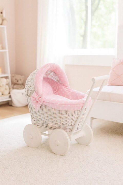 Wiklinowy wózek dla lalek pchacz biały z różową pościelką i miękką wyściółką STELLA