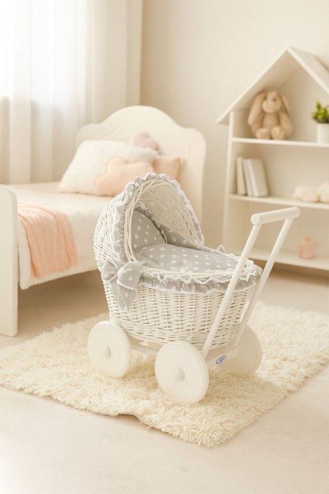Wiklinowy wózek dla lalek pchacz biały z szarą pościelką i miękką wyściółką CHIARA