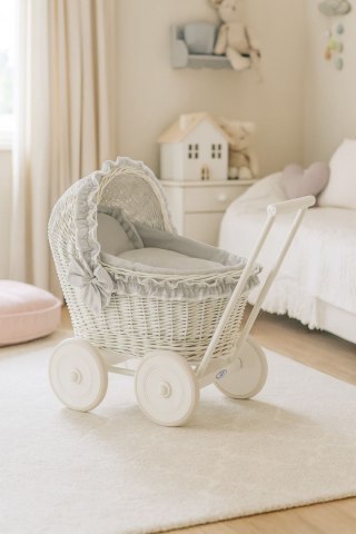 Wiklinowy wózek dla lalek pchacz biały z szarą pościelką i miękką wyściółką CHIARA
