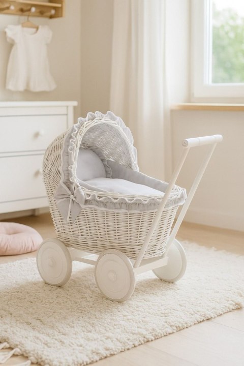 Wiklinowy wózek dla lalek pchacz biały z szarą pościelką i miękką wyściółką CHIARA