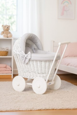 Wiklinowy wózek dla lalek pchacz biały z szarą pościelką i miękką wyściółką STELLA
