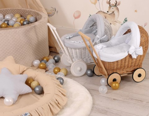 Wiklinowy wózek dla lalek pchacz biały z szarą pościelką i miękką wyściółką STELLA