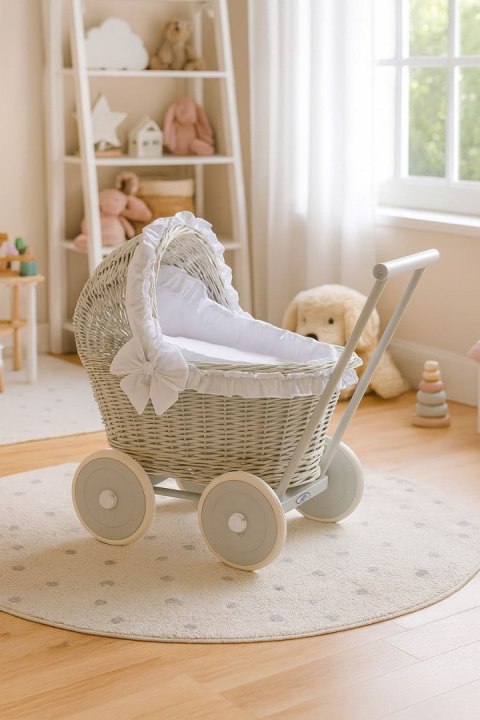 Wiklinowy wózek dla lalek pchacz szary z białą pościelką i miękką wyściółką CHIARA