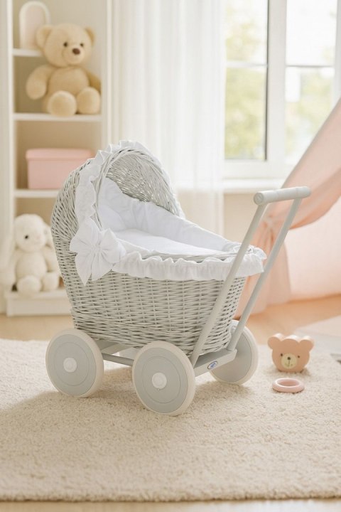 Wiklinowy wózek dla lalek pchacz szary z białą pościelką i miękką wyściółką CHIARA