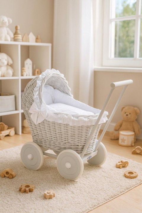 Wiklinowy wózek dla lalek pchacz szary z białą pościelką i miękką wyściółką CHIARA