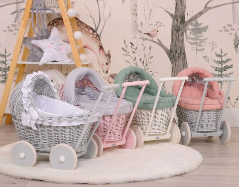 Wiklinowy wózek dla lalek pchacz szary z białą pościelką i miękką wyściółką CHIARA