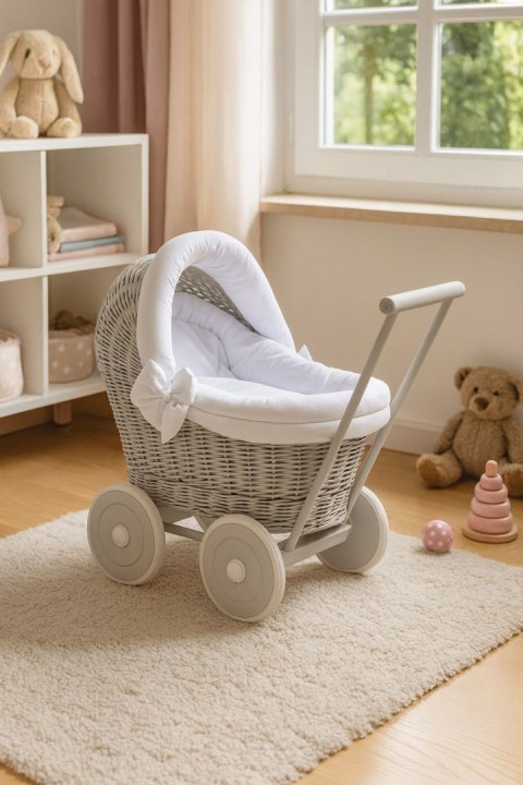 Wiklinowy wózek dla lalek pchacz szary z białą pościelką i miękką wyściółką STELLA