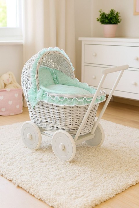 Wiklinowy wózek dla lalek pchacz szary z miętową pościelką i miękką wyściółką CHIARA