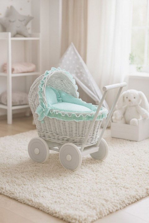 Wiklinowy wózek dla lalek pchacz szary z miętową pościelką i miękką wyściółką CHIARA
