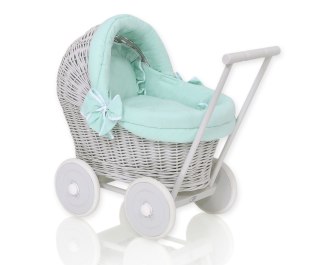 Wiklinowy wózek dla lalek pchacz szary z miętową pościelką i miękką wyściółką STELLA