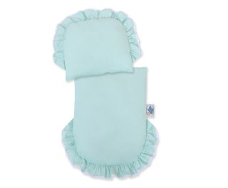 Wiklinowy wózek dla lalek pchacz szary z miętową pościelką i miękką wyściółką STELLA