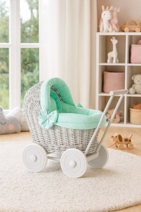Wiklinowy wózek dla lalek pchacz szary z miętową pościelką i miękką wyściółką STELLA