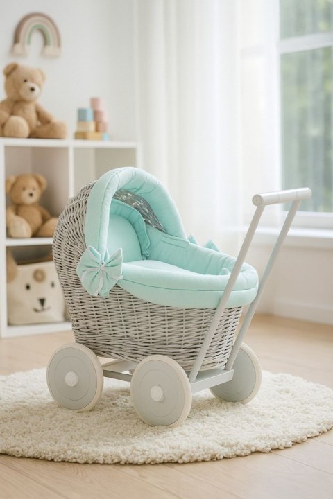 Wiklinowy wózek dla lalek pchacz szary z miętową pościelką i miękką wyściółką STELLA