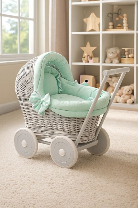 Wiklinowy wózek dla lalek pchacz szary z miętową pościelką i miękką wyściółką STELLA