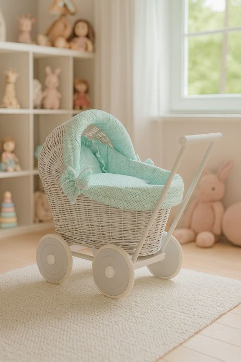 Wiklinowy wózek dla lalek pchacz szary z miętową pościelką i miękką wyściółką STELLA