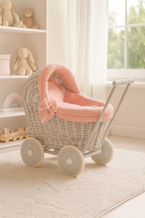 Wiklinowy wózek dla lalek pchacz szary z pościelką i miękką wyściółką brudny róż STELLA
