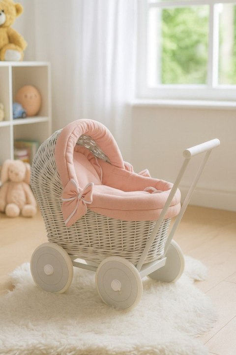 Wiklinowy wózek dla lalek pchacz szary z pościelką i miękką wyściółką brudny róż STELLA