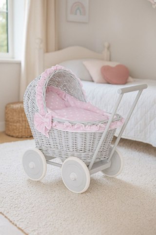 Wiklinowy wózek dla lalek pchacz szary z różową pościelką i miękką wyściółką CHIARA