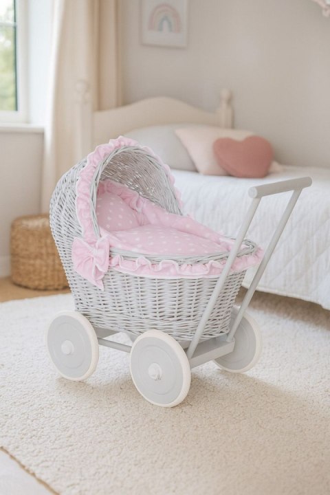 Wiklinowy wózek dla lalek pchacz szary z różową pościelką i miękką wyściółką CHIARA