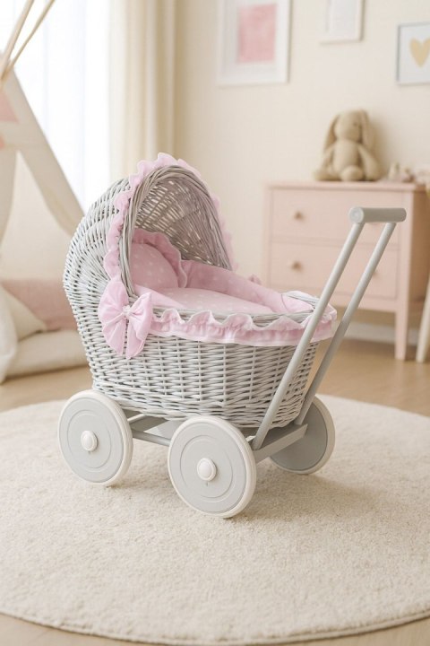 Wiklinowy wózek dla lalek pchacz szary z różową pościelką i miękką wyściółką CHIARA
