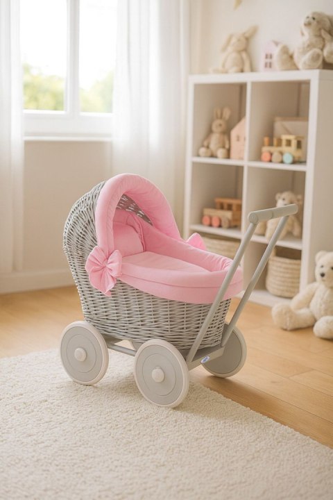 Wiklinowy wózek dla lalek pchacz szary z różową pościelką i miękką wyściółką STELLA