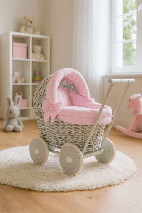 Wiklinowy wózek dla lalek pchacz szary z różową pościelką i miękką wyściółką STELLA