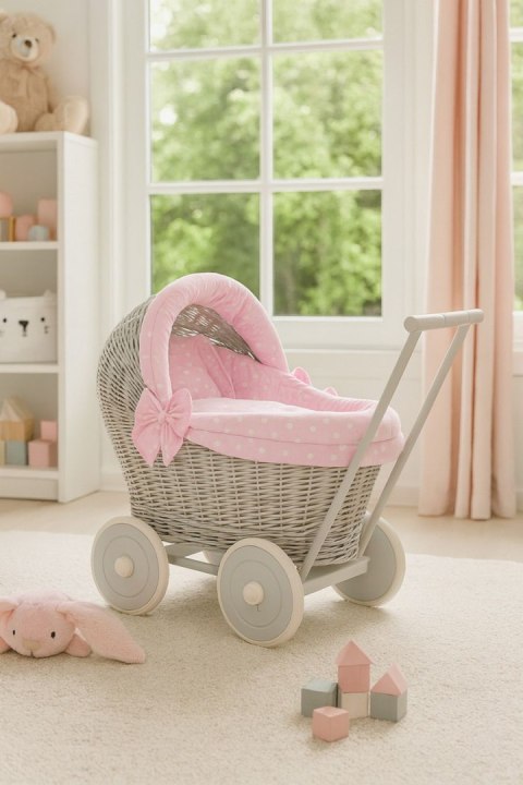 Wiklinowy wózek dla lalek pchacz szary z różową pościelką i miękką wyściółką STELLA
