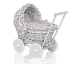 Wiklinowy wózek dla lalek pchacz szary z szarą pościelką i miękką wyściółką CHIARA