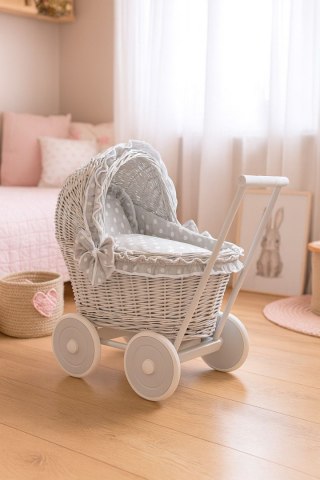Wiklinowy wózek dla lalek pchacz szary z szarą pościelką i miękką wyściółką CHIARA