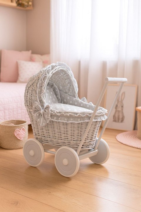 Wiklinowy wózek dla lalek pchacz szary z szarą pościelką i miękką wyściółką CHIARA