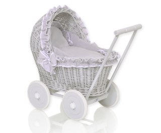Wiklinowy wózek dla lalek pchacz szary z szarą pościelką i miękką wyściółką CHIARA