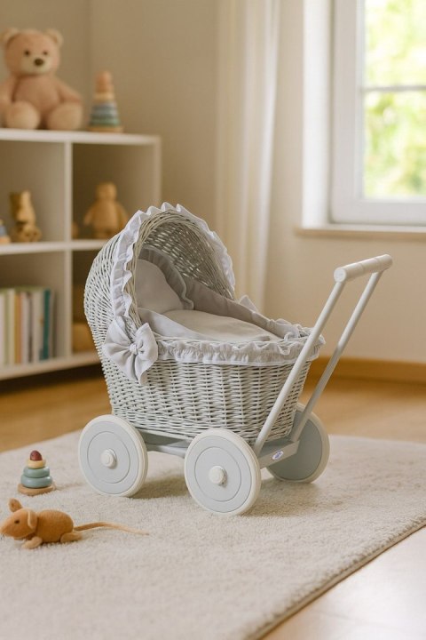 Wiklinowy wózek dla lalek pchacz szary z szarą pościelką i miękką wyściółką CHIARA