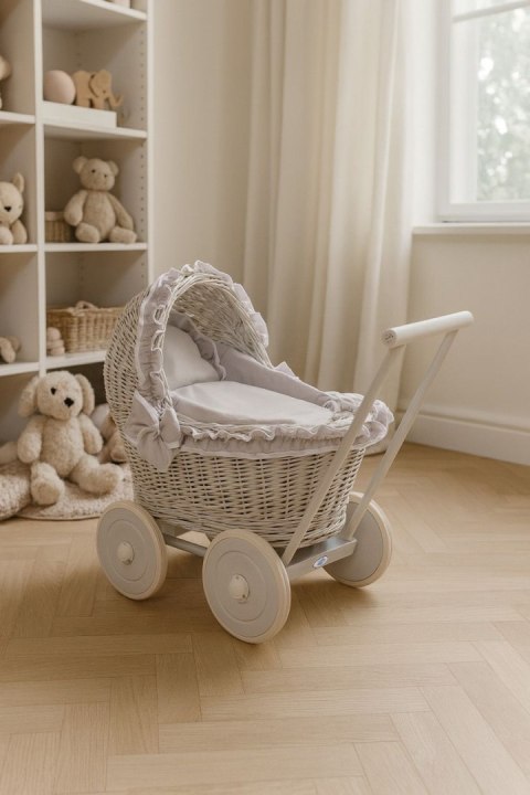 Wiklinowy wózek dla lalek pchacz szary z szarą pościelką i miękką wyściółką CHIARA