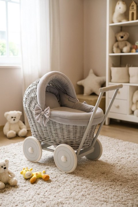 Wiklinowy wózek dla lalek pchacz szary z szarą pościelką i miękką wyściółką STELLA