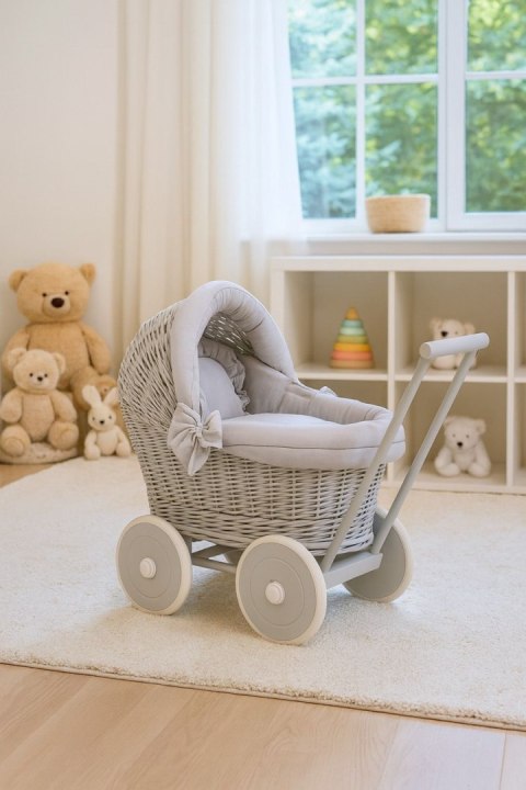 Wiklinowy wózek dla lalek pchacz szary z szarą pościelką i miękką wyściółką STELLA