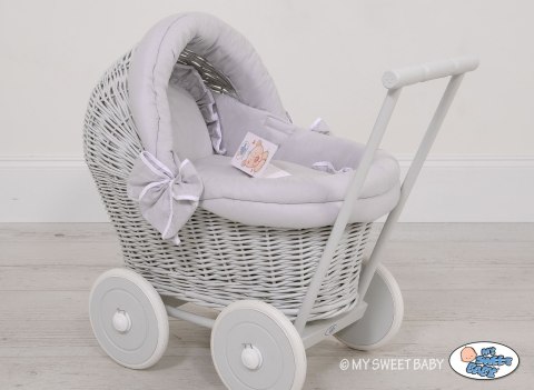 Wiklinowy wózek dla lalek pchacz szary z szarą pościelką i miękką wyściółką STELLA