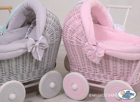 Wiklinowy wózek dla lalek pchacz szary z szarą pościelką i miękką wyściółką STELLA