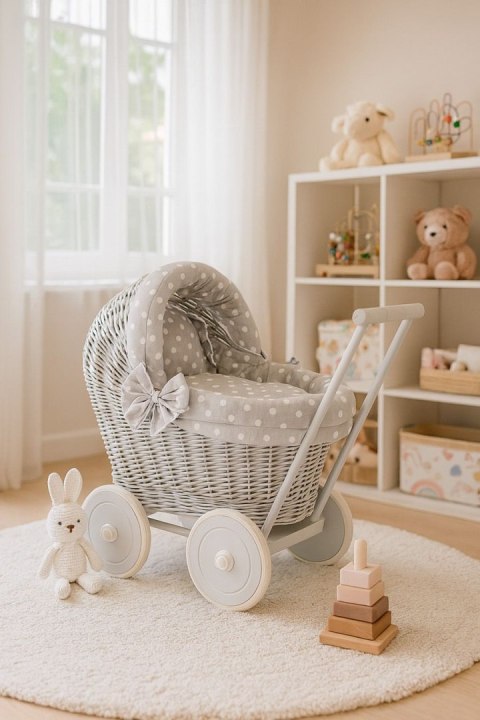 Wiklinowy wózek dla lalek pchacz szary z szarą pościelką i miękką wyściółką STELLA