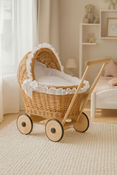 Wiklinowy wózek dla lalek pchacz z białą haftowaną pościelką i miękką wyściółką AURORA - naturalny