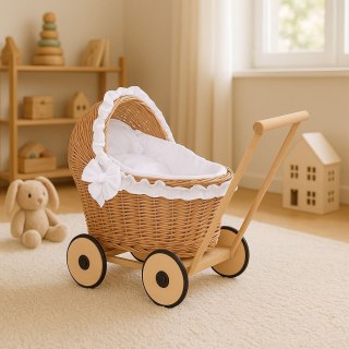 Wiklinowy wózek dla lalek pchacz z białą pościelką i miękką wyściółką CHIARA - naturalny